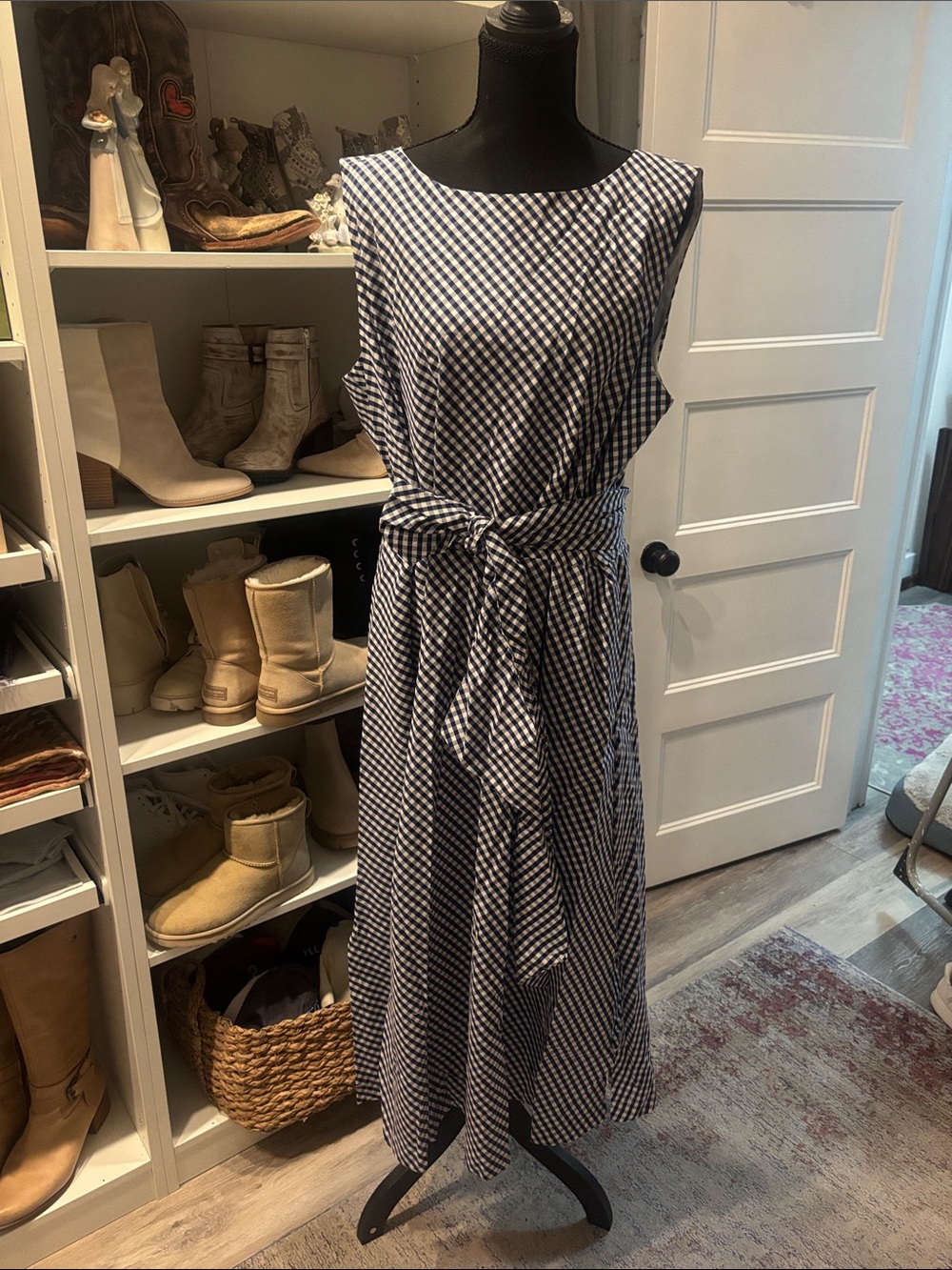 Anne Klein Navy & White Gingham Maxi Dress with Waist Tie